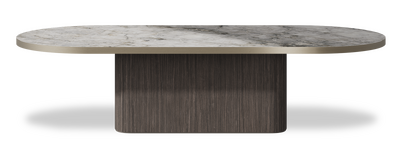 Created by us configuration image showing Laguna Blanca top, Mogano base and Brushed Bronze metal edge