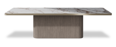 Created by us configuration image showing Calacatta Luxury top, Moro base and Brushed Bronze metal edge