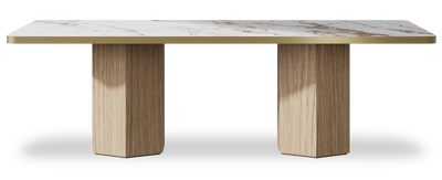 Created by us configuration image showing Calacatta Luxury top, Mulberry base and Brushed Gold metal edge