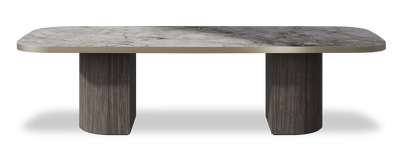 Created by us configuration image showing Laguna Blanca top, Mogano base and Brushed Bronze metal edge