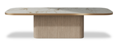 Created by us configuration image showing Calacatta Macchia Vecchia top, Mulberry base and Brushed Copper metal edge