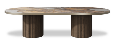 Created by us configuration image showing Golden Ambra top, American Walnut base and Brushed Bronze metal edge