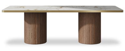 Created by us configuration image showing Calacatta Macchia Vecchia top, American Walnut base and Brushed Gold metal edge