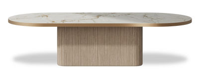 Created by us configuration image showing Calacatta Macchia Vecchia top, Mulberry base and Brushed Copper metal edge