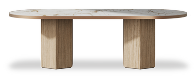 Created by us configuration image showing Calacatta Macchia Vecchia top, Mulberry base and Brushed Bronze metal edge