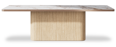 Created by us configuration image showing Calacatta Luxury top, Mulberry base and Brushed Copper metal edge