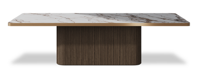Created by us configuration image showing Calacatta Luxury top, American Walnut base and Brushed Copper metal edge