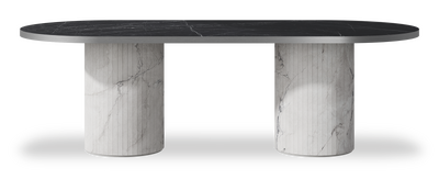 Created by us configuration image showing Dark Marquina top, Michelangelo Bianco base and Brushed Steel metal edge