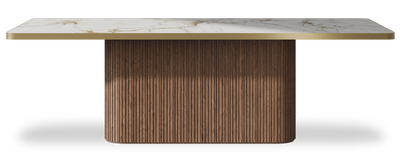 Created by us configuration image showing Calacatta Macchia Vecchia top, American Walnut base and Brushed Gold metal edge