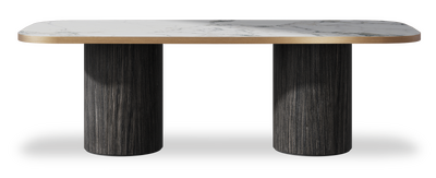 Created by us configuration image showing Arabescato top, Cobolo base and Brushed Bronze metal edge