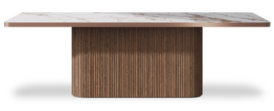 Created by us configuration image showing Calacatta Luxury top, American Walnut base and Brushed Bronze metal edge