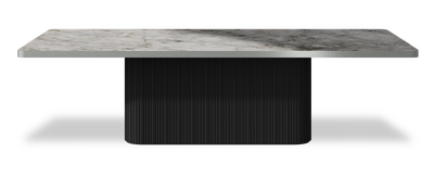 Created by us configuration image showing Laguna Blanca top, Jet Black base and Brushed Steel metal edge