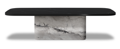 Created by us configuration image showing Dark Marquina top, Michelangelo Bianco base and Satin Black metal edge