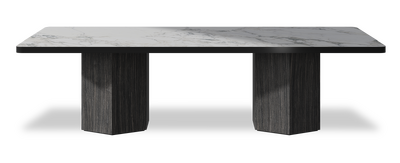 Created by us configuration image showing Arabescato top, Cobolo base and Satin Black metal edge
