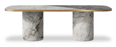 Created by us configuration image showing Laguna Blanca top, Laguna Blanca base and Brushed Bronze metal edge