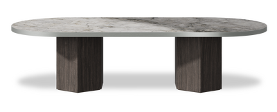 Created by us configuration image showing Laguna Blanca top, Mogano base and Brushed Steel metal edge