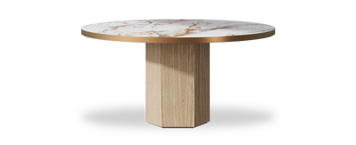 Created by us configuration image showing Calacatta Luxury top, Mulberry base and Brushed Bronze metal edge