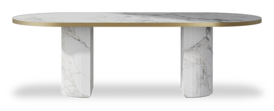 Created by us configuration image showing Arabescato top, Arabescato base and Brushed Gold metal edge