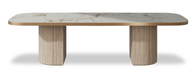 Created by us configuration image showing Calacatta Macchia Vecchia top, Mulberry base and Brushed Copper metal edge