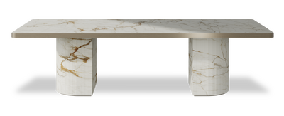 Created by us configuration image showing Calacatta Macchia Vecchia top, Calacatta Macchia Vecchia base and Brushed Bronze metal edge