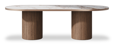 Created by us configuration image showing Calacatta Luxury top, American Walnut base and Brushed Copper metal edge
