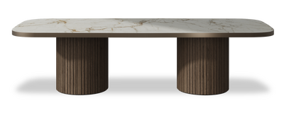 Created by us configuration image showing Calacatta Macchia Vecchia top, American Walnut base and Decorative Bronze metal edge