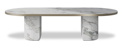 Created by us configuration image showing Arabescato top, Arabescato base and Brushed Bronze metal edge