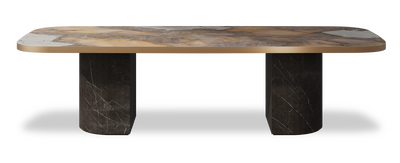 Created by us configuration image showing Golden Ambra top, Pietra Grey base and Brushed Copper metal edge