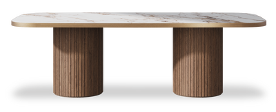 Created by us configuration image showing Calacatta Luxury top, American Walnut base and Brushed Bronze metal edge