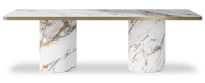 Created by us configuration image showing Calacatta Luxury top, Calacatta Luxury base and Brushed Gold metal edge