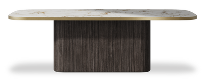 Created by us configuration image showing Calacatta Macchia Vecchia top, Mogano base and Brushed Gold metal edge