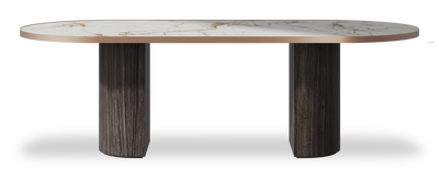 Created by us configuration image showing Calacatta Macchia Vecchia top, Mogano base and Brushed Copper metal edge