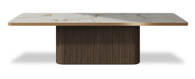 Created by us configuration image showing Calacatta Macchia Vecchia top, American Walnut base and Brushed Copper metal edge