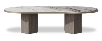 Created by us configuration image showing Calacatta Luxury top, Moro base and Brushed Bronze metal edge