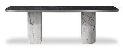 Created by us configuration image showing Dark Marquina top, Michelangelo Bianco base and Brushed Steel metal edge