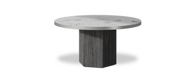 Created by us configuration image showing Arabescato top, Cobolo base and Brushed Steel metal edge