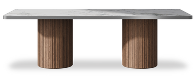 Created by us configuration image showing Arabescato top, American Walnut base and Brushed Steel metal edge
