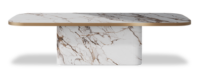 Created by us configuration image showing Calacatta Luxury top, Calacatta Luxury base and Brushed Copper metal edge