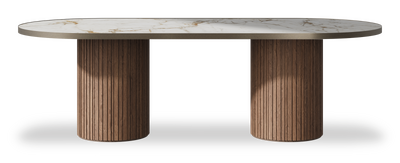 Created by us configuration image showing Calacatta Macchia Vecchia top, American Walnut base and Decorative Bronze metal edge
