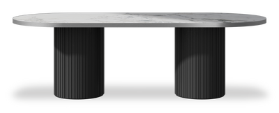 Created by us configuration image showing Arabescato top, Jet Black base and Brushed Steel metal edge