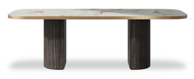Created by us configuration image showing Calacatta Macchia Vecchia top, Mogano base and Brushed Bronze metal edge