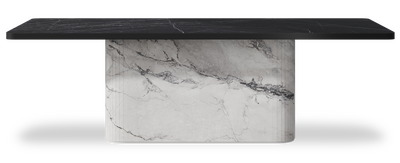 Created by us configuration image showing Dark Marquina top, Michelangelo Bianco base and Satin Black metal edge