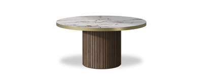 Created by us configuration image showing Calacatta Luxury top, American Walnut base and Brushed Gold metal edge