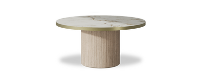 Created by us configuration image showing Calacatta Macchia Vecchia top, Mulberry base and Brushed Gold metal edge