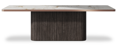 Created by us configuration image showing Calacatta Macchia Vecchia top, Mogano base and Brushed Bronze metal edge
