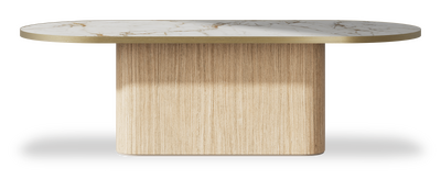 Created by us configuration image showing Calacatta Macchia Vecchia top, Mulberry base and Brushed Gold metal edge