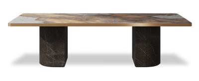 Created by us configuration image showing Golden Ambra top, Pietra Grey base and Brushed Copper metal edge