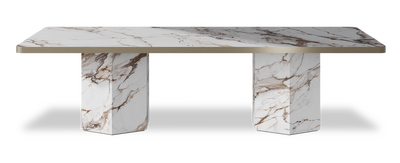 Created by us configuration image showing Calacatta Luxury top, Calacatta Luxury base and Brushed Bronze metal edge