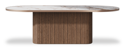 Created by us configuration image showing Calacatta Luxury top, American Walnut base and Brushed Copper metal edge