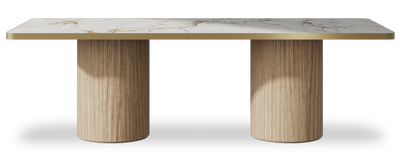 Created by us configuration image showing Calacatta Macchia Vecchia top, Mulberry base and Brushed Gold metal edge